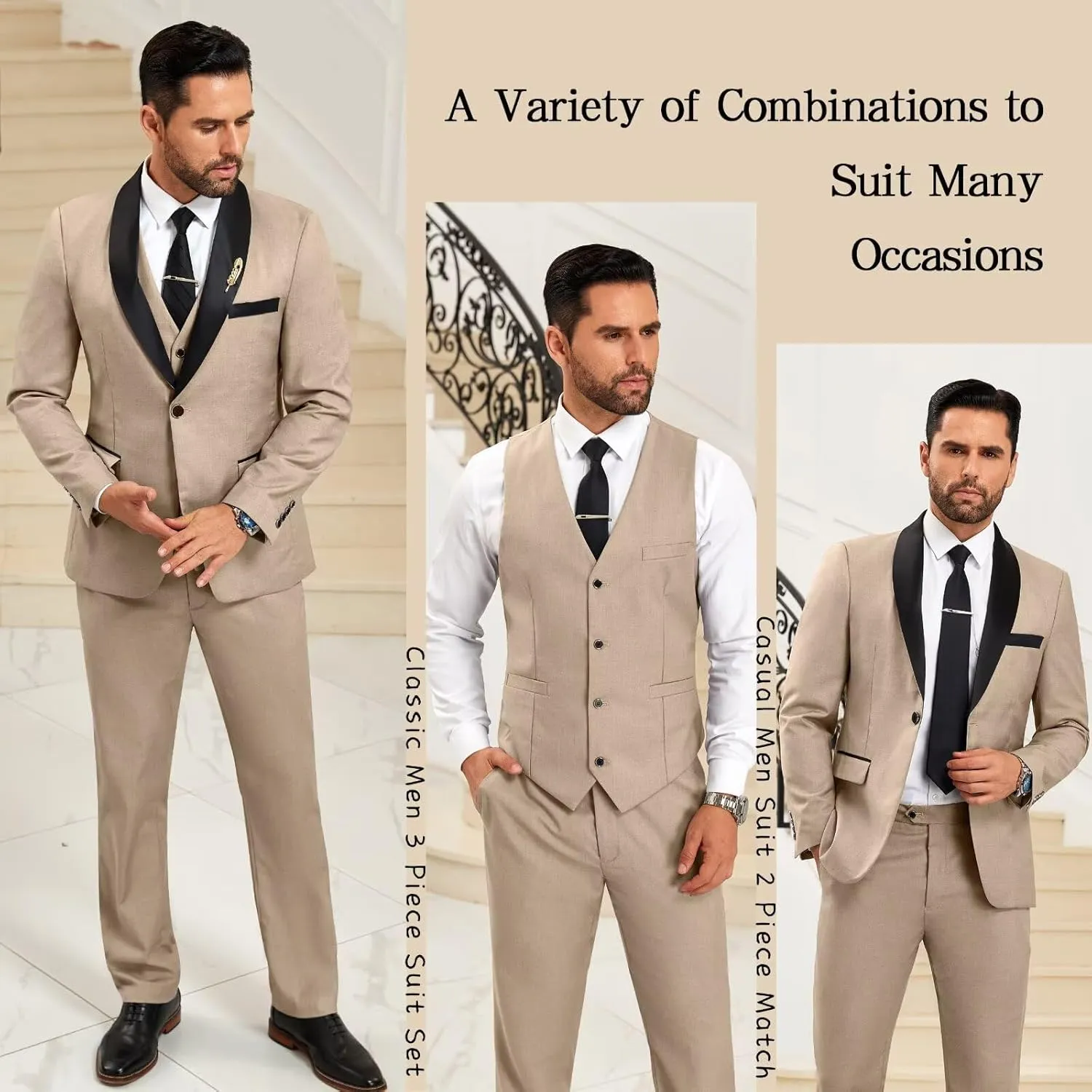 Mens Suit Slim Fit 3 Pieces Suit 1 Button Shawl Lapel Men Suit Blazer Jacket Vest Pants Bow Tie Pocket Square Brooch