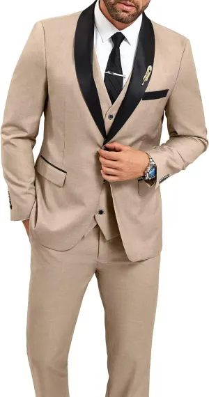 Mens Suit Slim Fit 3 Pieces Suit 1 Button Shawl Lapel Men Suit Blazer Jacket Vest Pants Bow Tie Pocket Square Brooch