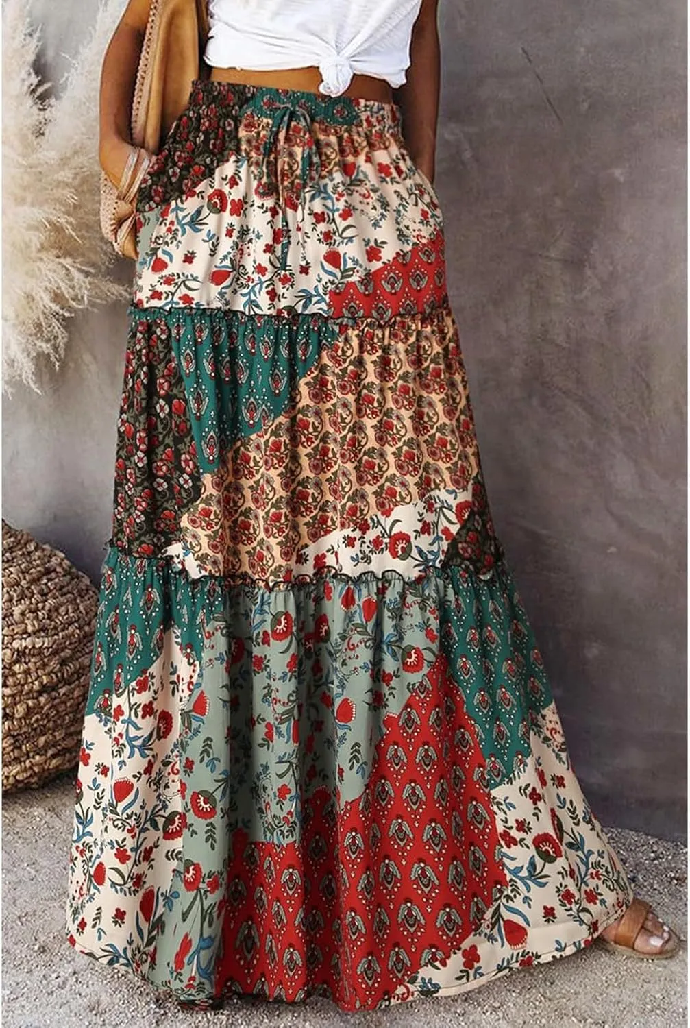 midelxp Boho Long Skirts for Women Summer High Waisted Western Skirt with Pockets Vacation Beach A-Line Flowy Maxi Skirts