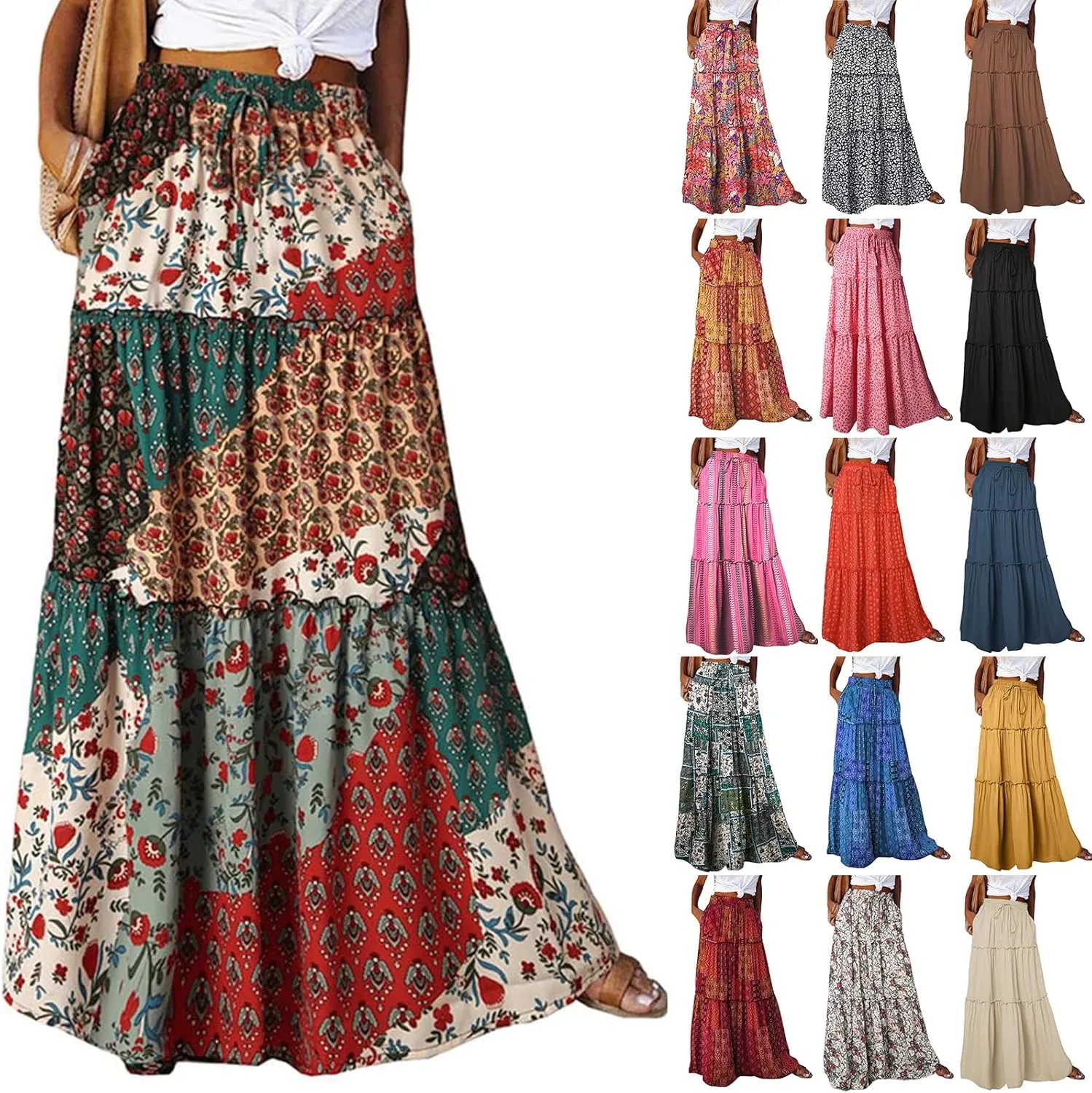midelxp Boho Long Skirts for Women Summer High Waisted Western Skirt with Pockets Vacation Beach A-Line Flowy Maxi Skirts