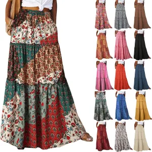 midelxp Boho Long Skirts for Women Summer High Waisted Western Skirt with Pockets Vacation Beach A-Line Flowy Maxi Skirts