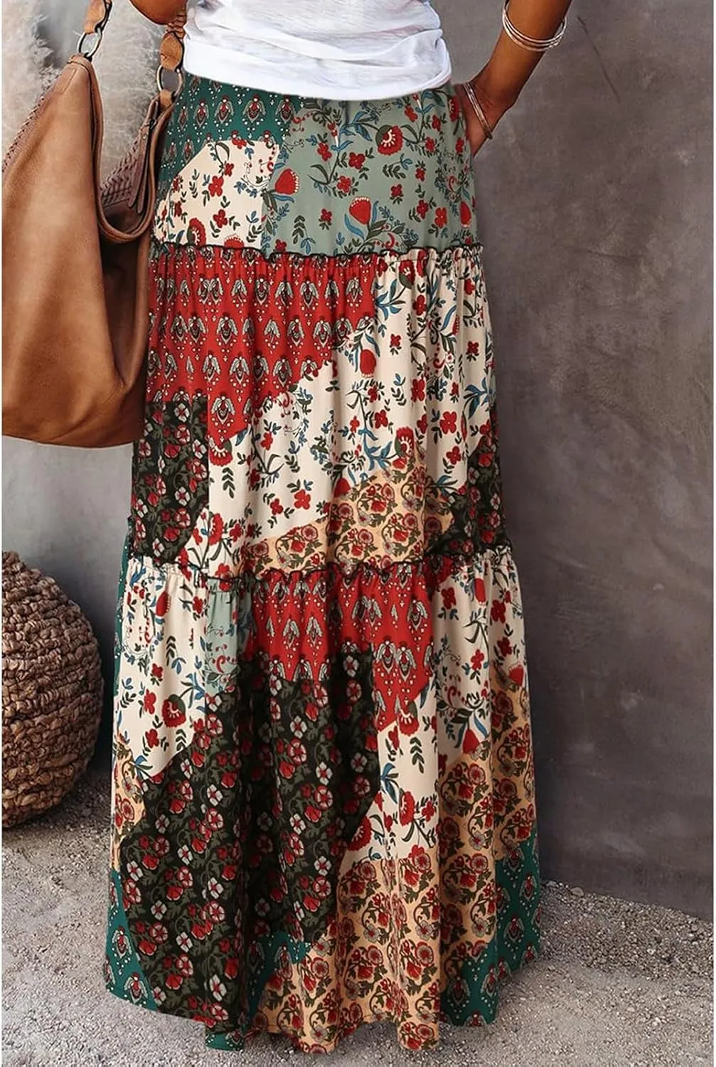 midelxp Boho Long Skirts for Women Summer High Waisted Western Skirt with Pockets Vacation Beach A-Line Flowy Maxi Skirts