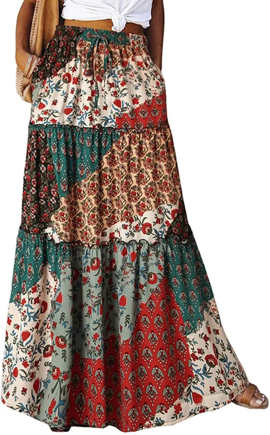 midelxp Boho Long Skirts for Women Summer High Waisted Western Skirt with Pockets Vacation Beach A-Line Flowy Maxi Skirts