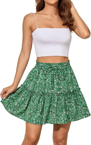 midelxp Summer Floral Mini Skirts for Women Trendy Tiered Elastic High Waisted Skirts Sexy Vacation A-Line Swing Short Skirt