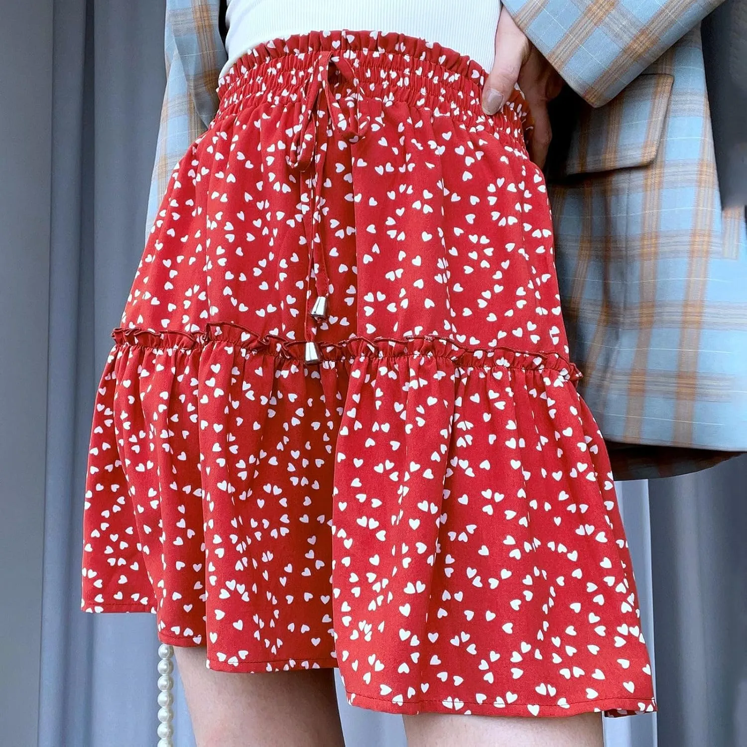 midelxp Summer Floral Mini Skirts for Women Trendy Tiered Elastic High Waisted Skirts Sexy Vacation A-Line Swing Short Skirt