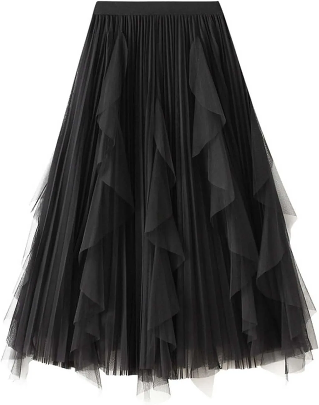 Midi Skirts for Women High Waisted Flounce Hem Sheer Mesh Overlay A-Line Flowy Skirt Tiered Ruffle Spring 2025
