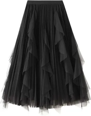 Midi Skirts for Women High Waisted Flounce Hem Sheer Mesh Overlay A-Line Flowy Skirt Tiered Ruffle Spring 2025