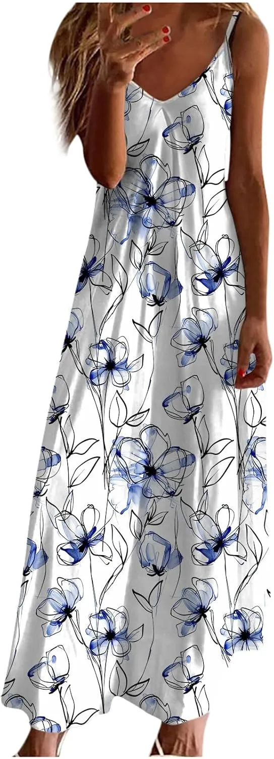 My Recent Orders Placed by Me Prime of Day Deals Today 2024 Maxi Dress for Women Sleeveless Casual V Neck Ruffle Dresses 2024 Lightweight Floral Boho Dress Summer Dress Blue,L