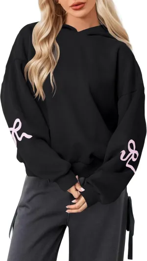 OLAPTA Women Oversized Bow Trim Print Hoodies Long Sleeve Fleeced Casual Graphic Pullover Trendy Fall Hooded Sweatshirts Top