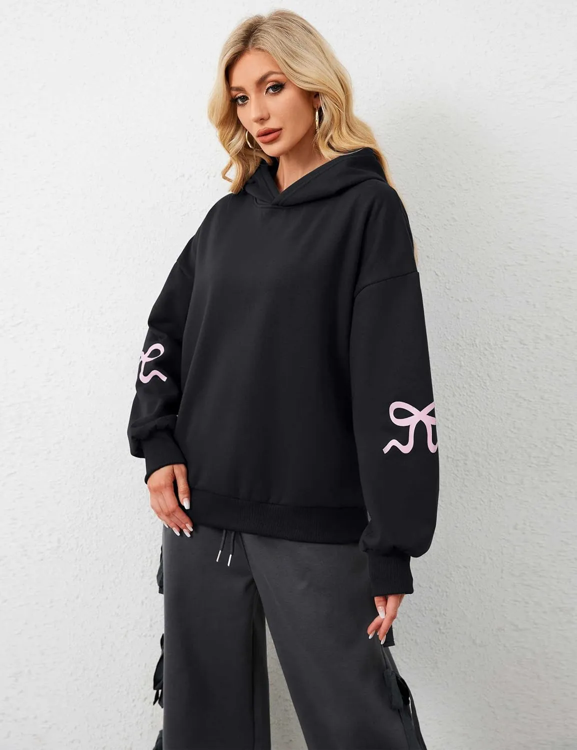 OLAPTA Women Oversized Bow Trim Print Hoodies Long Sleeve Fleeced Casual Graphic Pullover Trendy Fall Hooded Sweatshirts Top