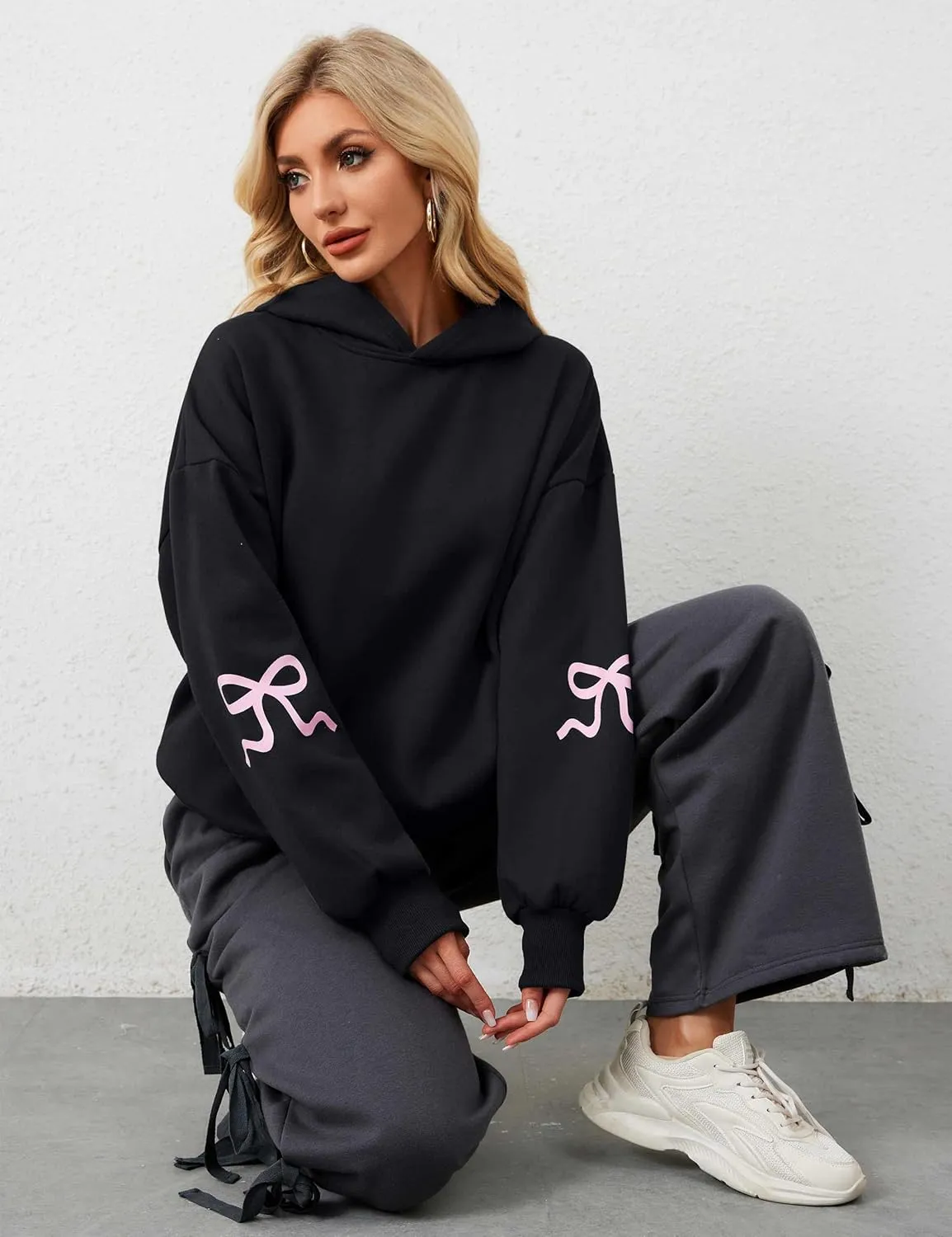 OLAPTA Women Oversized Bow Trim Print Hoodies Long Sleeve Fleeced Casual Graphic Pullover Trendy Fall Hooded Sweatshirts Top