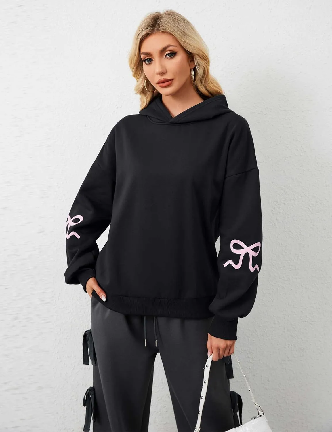 OLAPTA Women Oversized Bow Trim Print Hoodies Long Sleeve Fleeced Casual Graphic Pullover Trendy Fall Hooded Sweatshirts Top