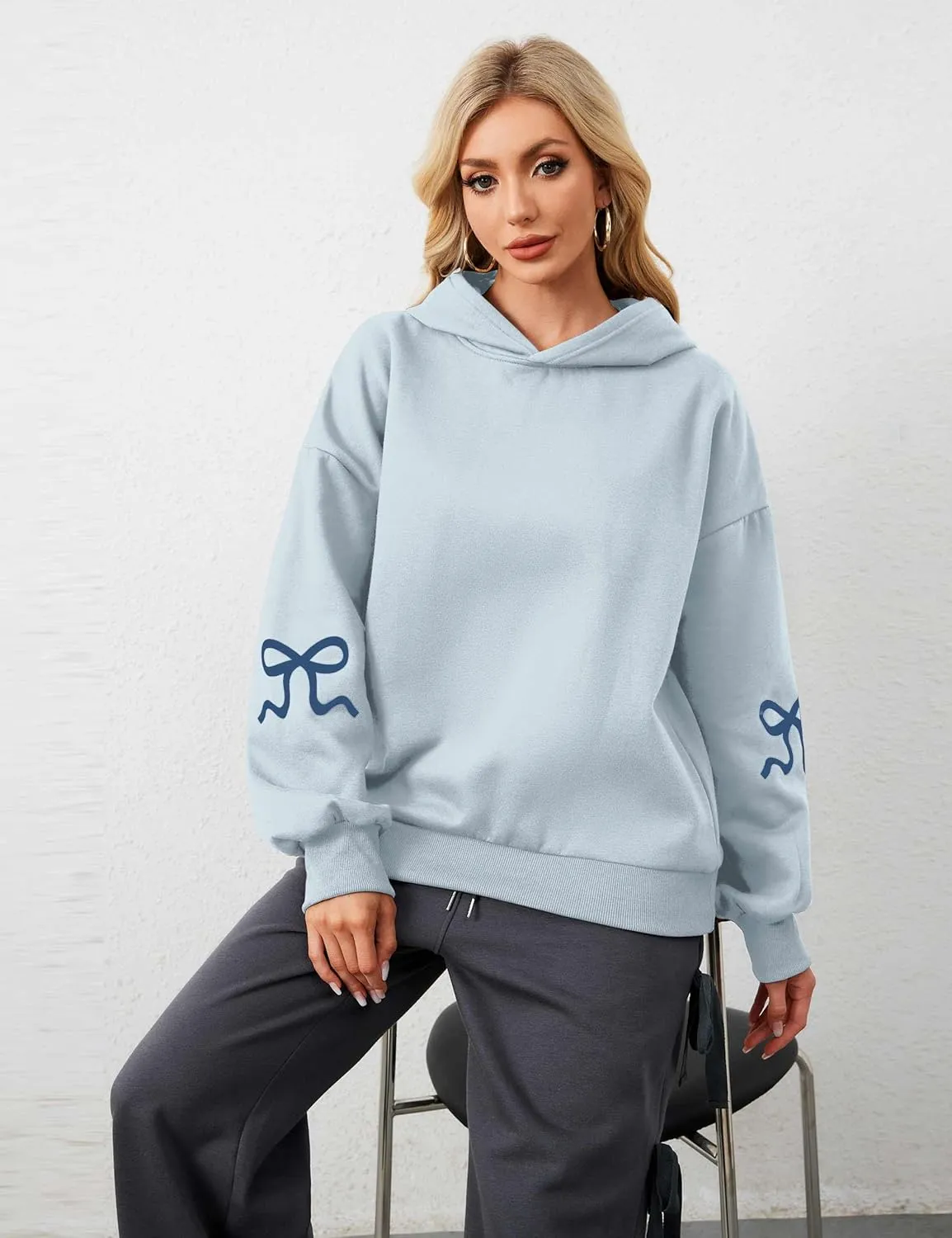 OLAPTA Women Oversized Bow Trim Print Hoodies Long Sleeve Fleeced Casual Graphic Pullover Trendy Fall Hooded Sweatshirts Top