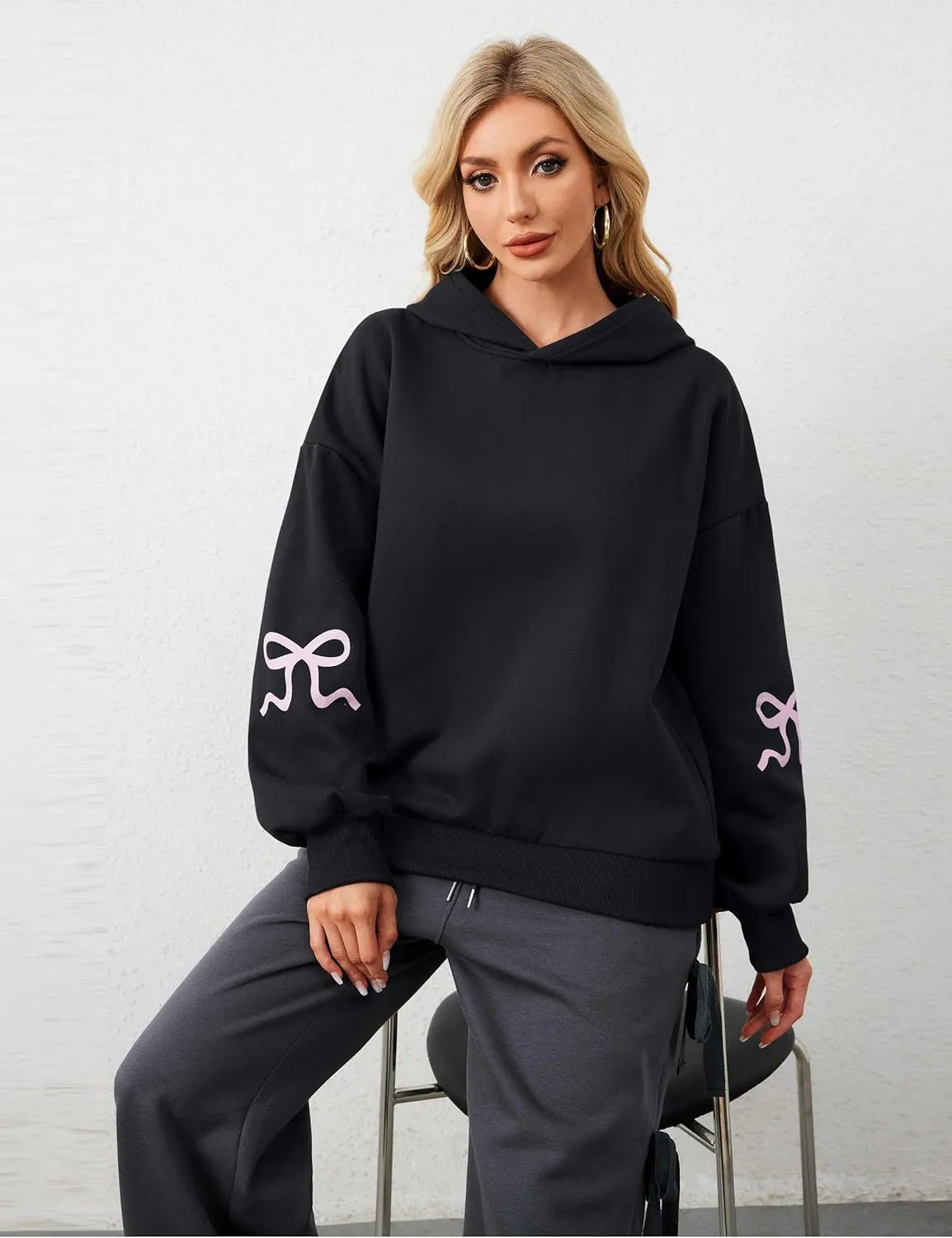 OLAPTA Women Oversized Bow Trim Print Hoodies Long Sleeve Fleeced Casual Graphic Pullover Trendy Fall Hooded Sweatshirts Top