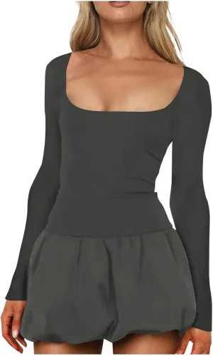 Oplxuo Women's Sexy Bubble Mini Dress Low Cut Square Neck Long Sleeve A-Line Ruffle Color Block Short Going Out Party Dresses