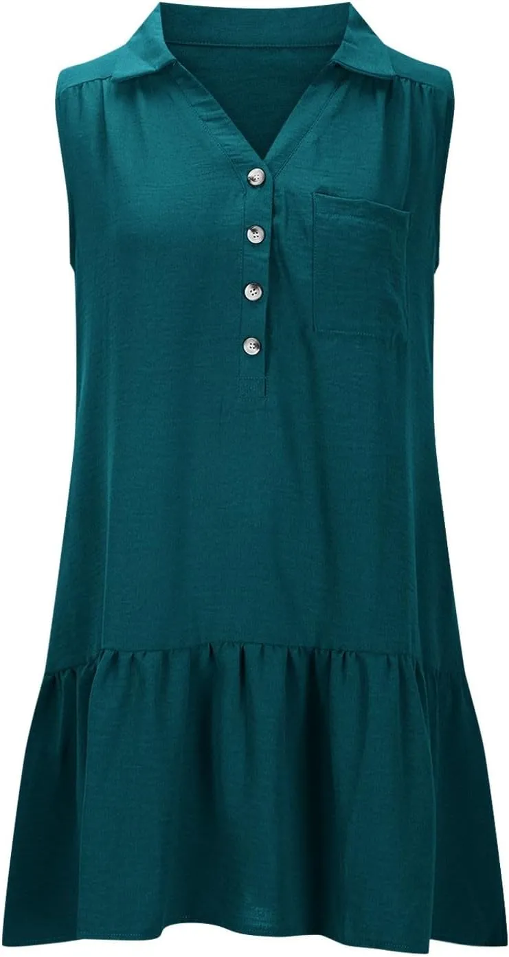 Oplxuo Women's Summer Mini Dress Sleeveless Lapel V-Neck Button Short Tank Sundress Flowy Ruffle Tiered Beach Vacation Dress