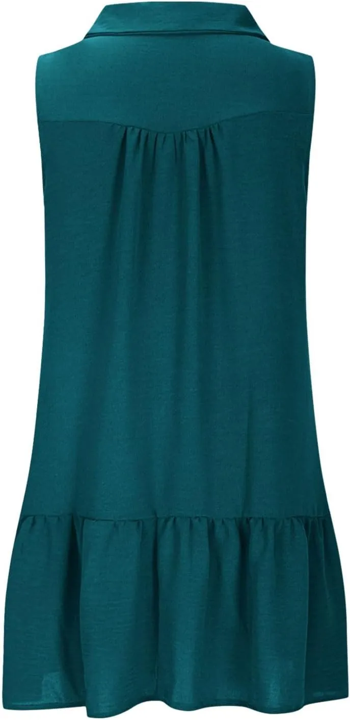 Oplxuo Women's Summer Mini Dress Sleeveless Lapel V-Neck Button Short Tank Sundress Flowy Ruffle Tiered Beach Vacation Dress