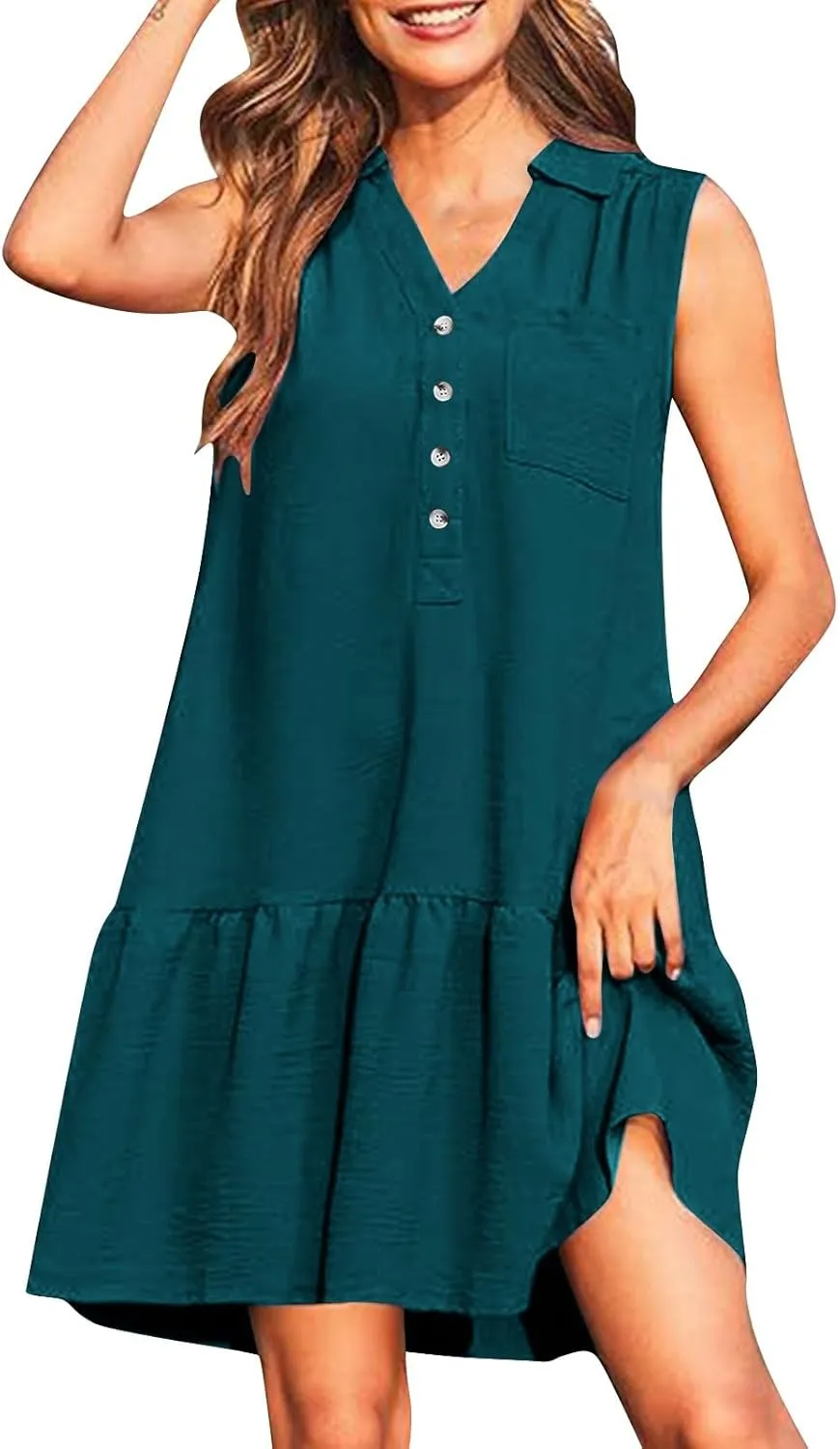Oplxuo Women's Summer Mini Dress Sleeveless Lapel V-Neck Button Short Tank Sundress Flowy Ruffle Tiered Beach Vacation Dress