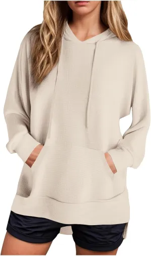 Oversized Hoodies for Women Waffle Knit Casual Long Sleeve Drawstring Side Slit Pullover Sweatshirt with Pocket