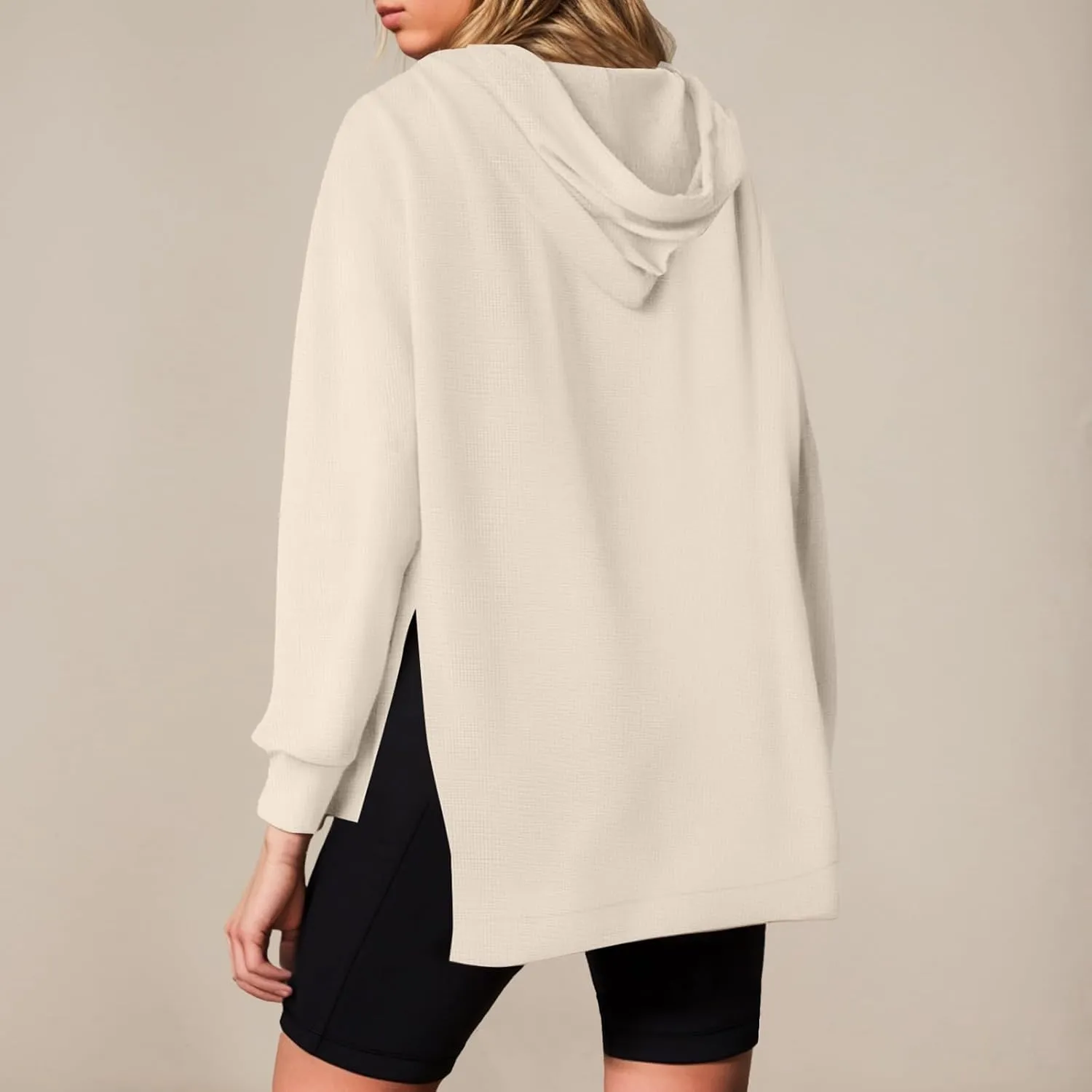 Oversized Hoodies for Women Waffle Knit Casual Long Sleeve Drawstring Side Slit Pullover Sweatshirt with Pocket
