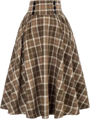 Plaid Skirt for Womens High Waist A Line Pleated Midi Skirts Steampunk Women Long Skirt Medieval Halloween Costume