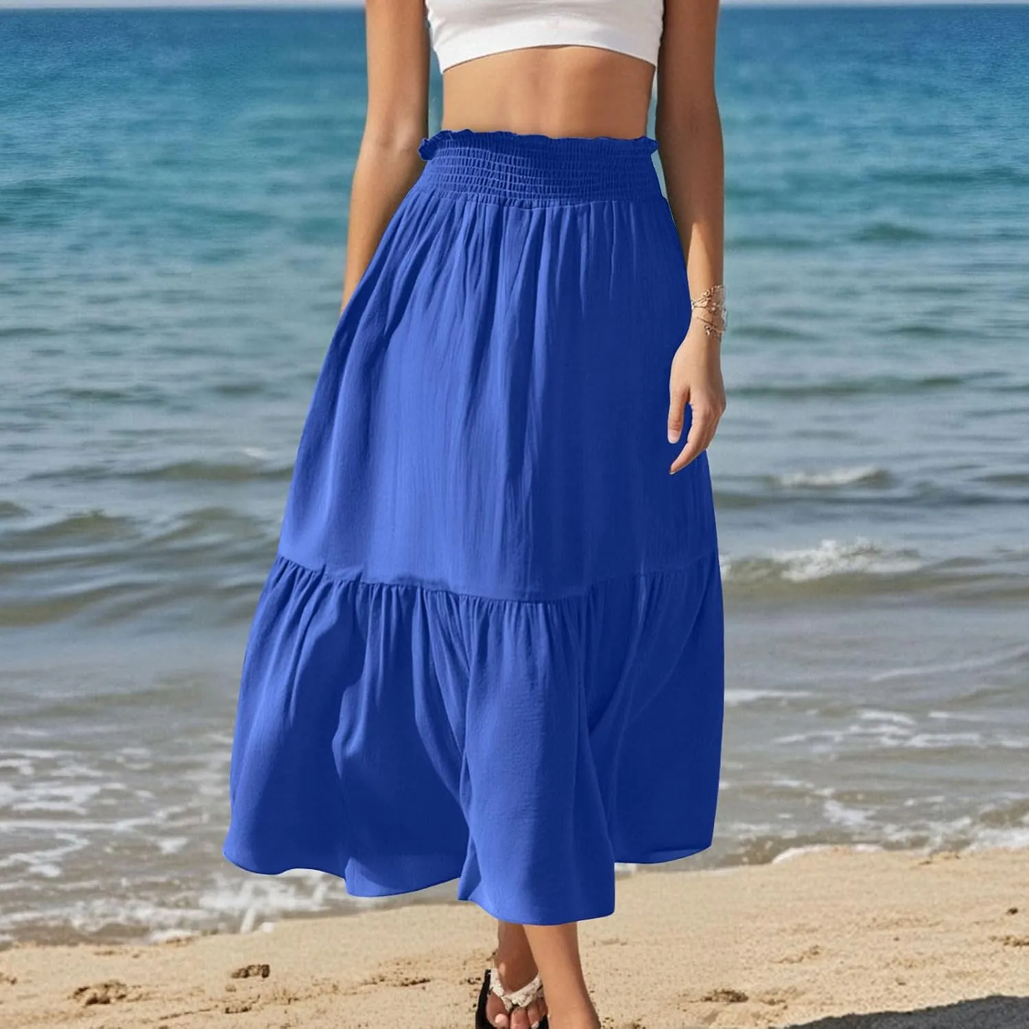 Pleated Long Skirts for Women Summer Casual Beach Vacation Elastic High Waisted Skirts A-Line Flowy Swing Maxi Skirt