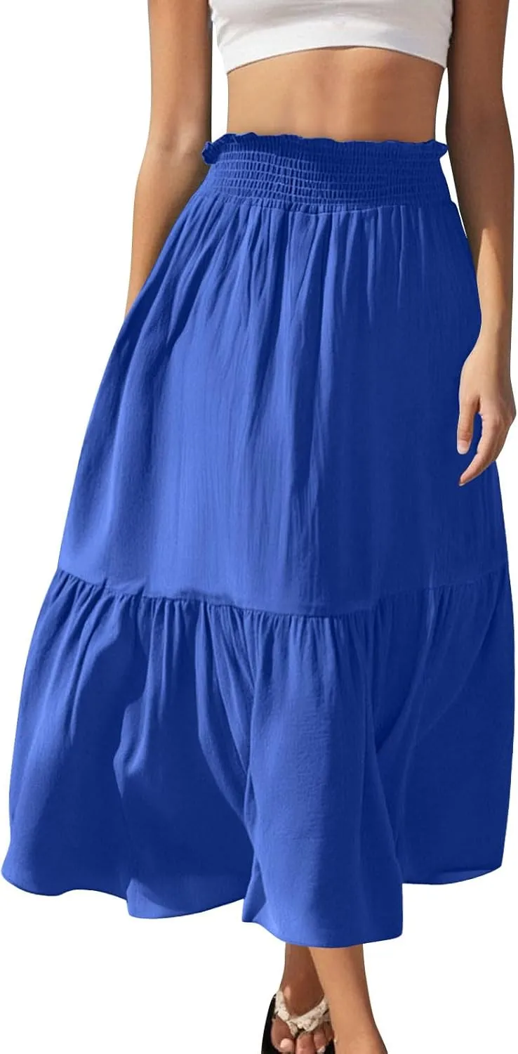 Pleated Long Skirts for Women Summer Casual Beach Vacation Elastic High Waisted Skirts A-Line Flowy Swing Maxi Skirt