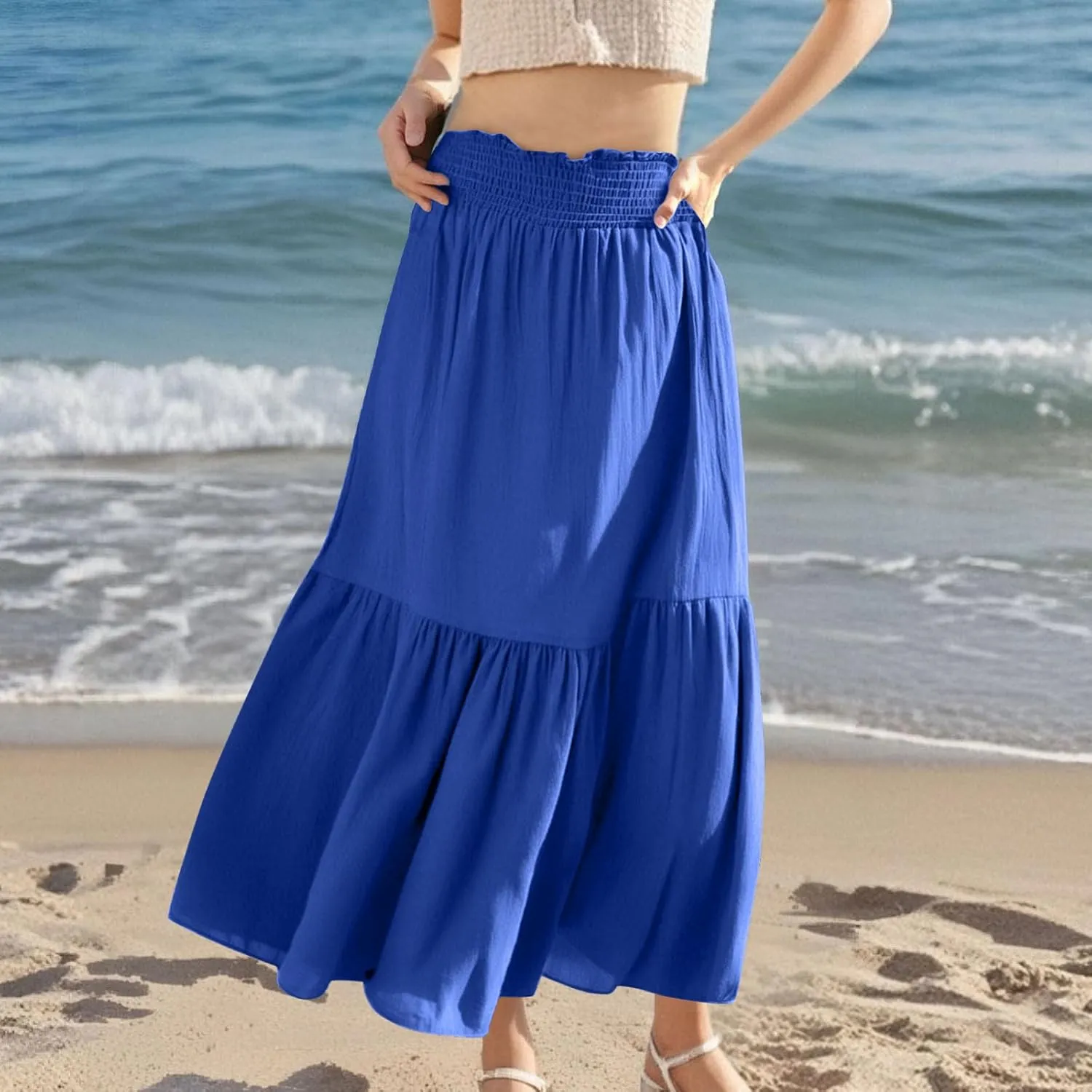 Pleated Long Skirts for Women Summer Casual Beach Vacation Elastic High Waisted Skirts A-Line Flowy Swing Maxi Skirt