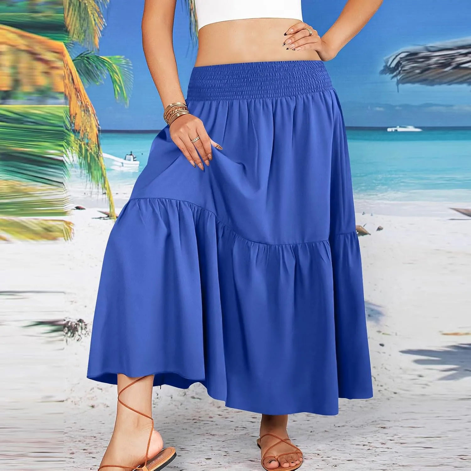 Pleated Long Skirts for Women Summer Casual Beach Vacation Elastic High Waisted Skirts A-Line Flowy Swing Maxi Skirt