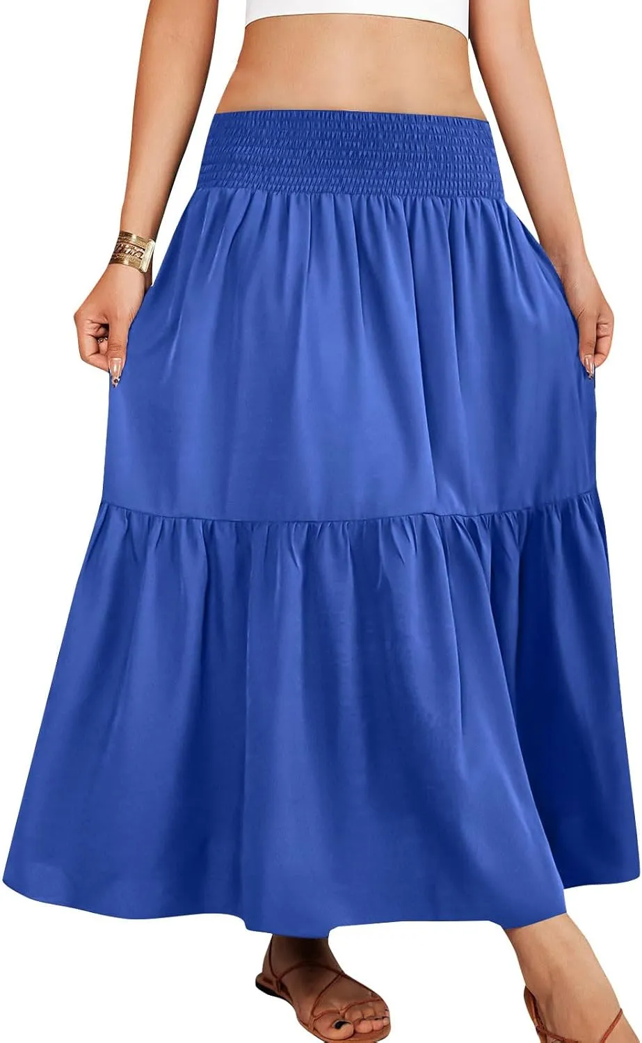 Pleated Long Skirts for Women Summer Casual Beach Vacation Elastic High Waisted Skirts A-Line Flowy Swing Maxi Skirt