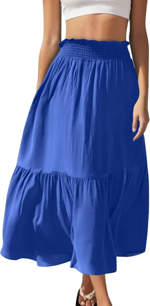 Pleated Long Skirts for Women Summer Casual Beach Vacation Elastic High Waisted Skirts A-Line Flowy Swing Maxi Skirt