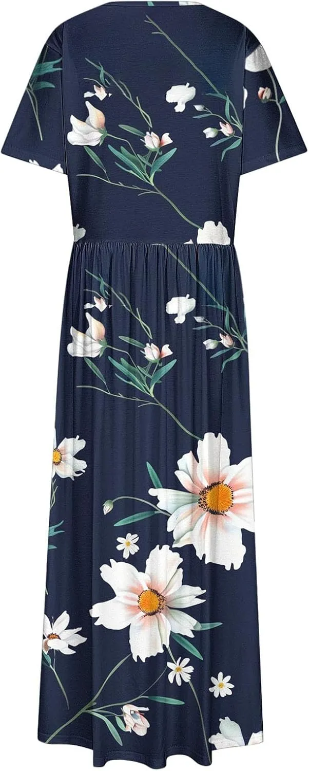 Plus Size Beach Dresses for Women 2024 Vacation Printed Sundresses Midi Flowy Casual Floral Long Outfit Short Sleeve
