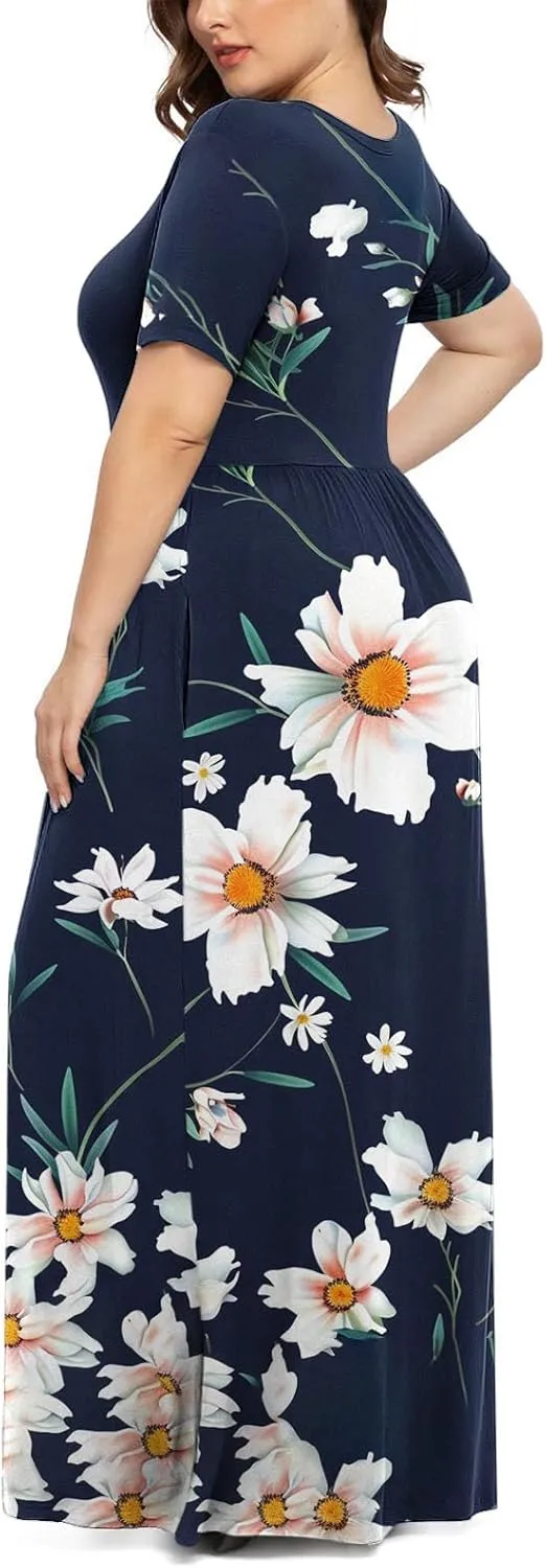 Plus Size Beach Dresses for Women 2024 Vacation Printed Sundresses Midi Flowy Casual Floral Long Outfit Short Sleeve
