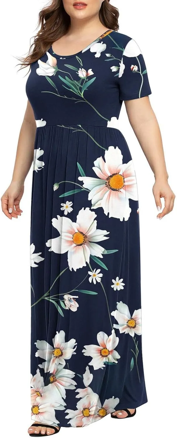 Plus Size Beach Dresses for Women 2024 Vacation Printed Sundresses Midi Flowy Casual Floral Long Outfit Short Sleeve