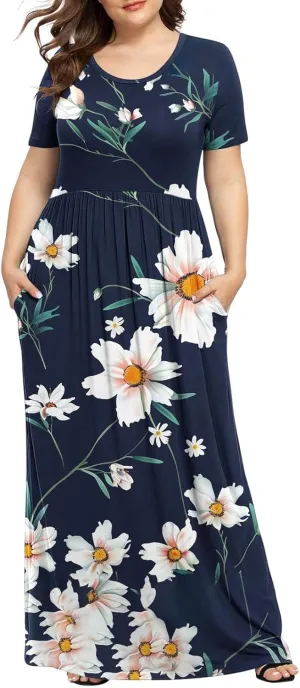 Plus Size Beach Dresses for Women 2024 Vacation Printed Sundresses Midi Flowy Casual Floral Long Outfit Short Sleeve