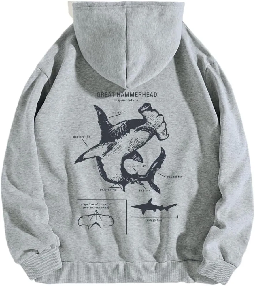 RICHTRUE Women Graphic Hoodies Y2k Hoodies Cute Preppy Pullover Sweater Hooded Oversized Graphic Sweatshirts Shark Sweatshirt