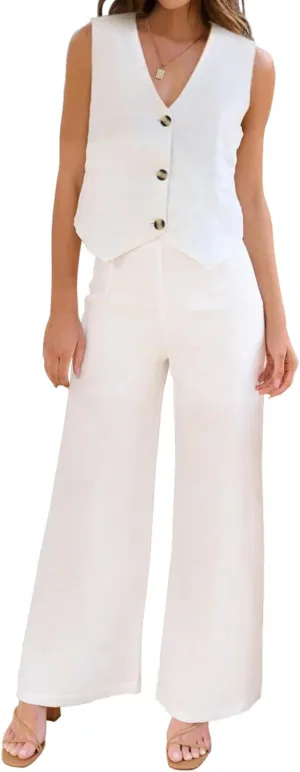 ROYLAMP Women's Summer 2 Piece Outfits Button Down V Neck Sleeveless Top High Waisted Wide Leg Pants Matching Set