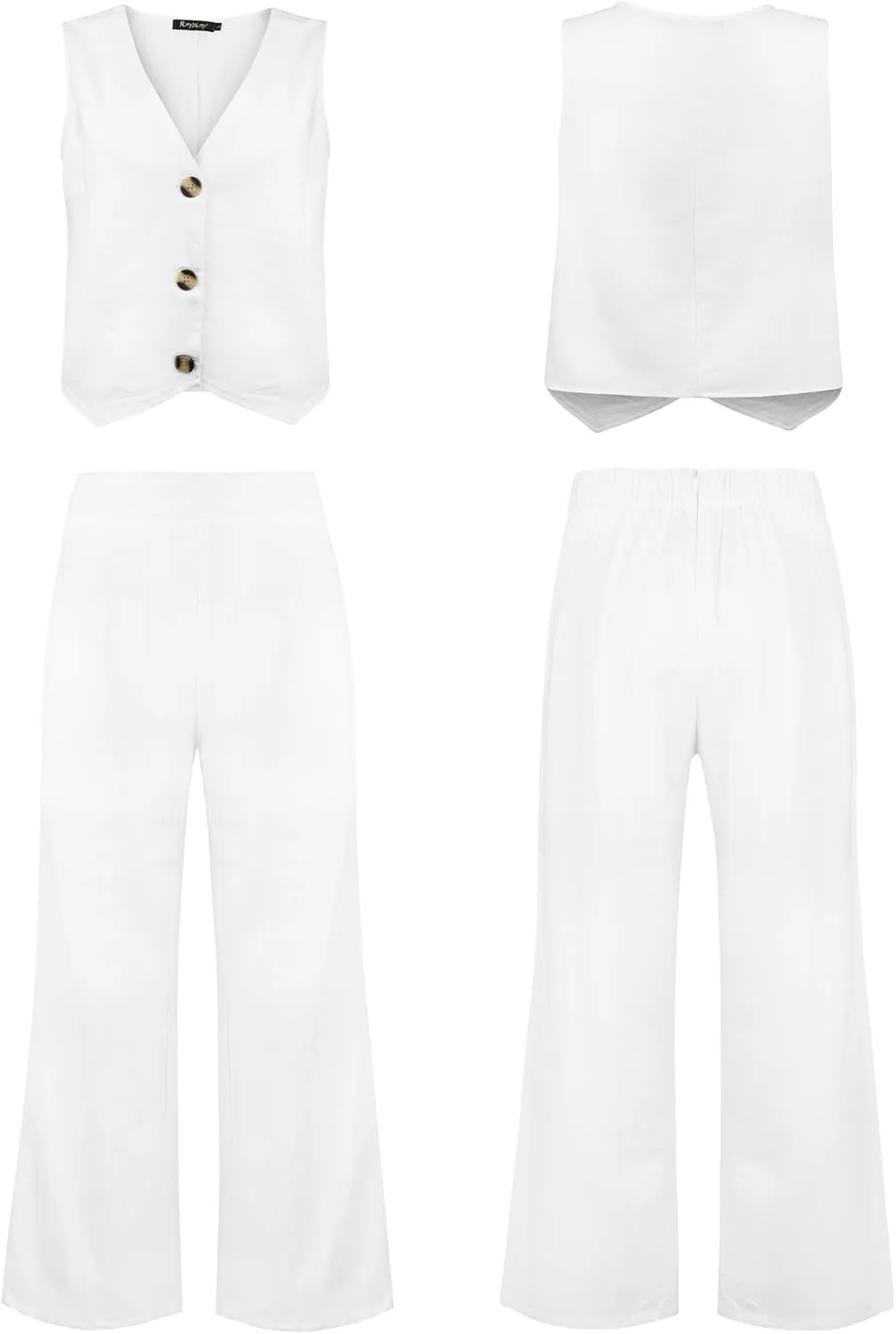 ROYLAMP Women's Summer 2 Piece Outfits Button Down V Neck Sleeveless Top High Waisted Wide Leg Pants Matching Set