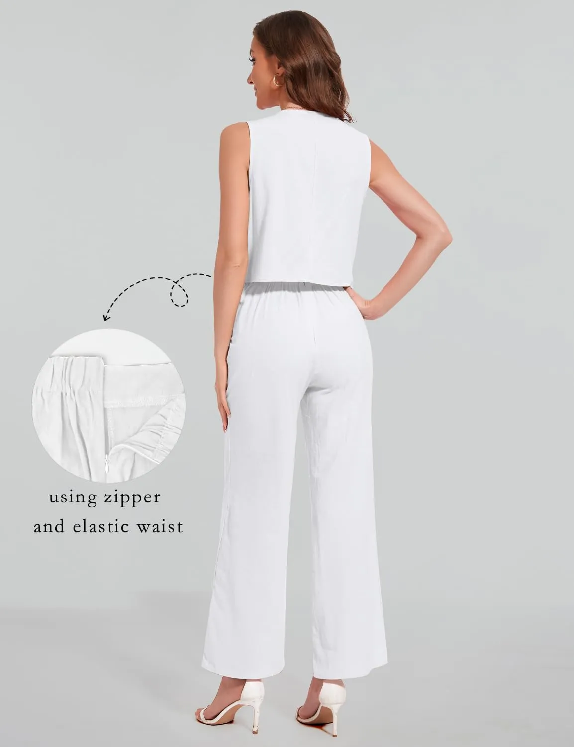 ROYLAMP Women's Summer 2 Piece Outfits Button Down V Neck Sleeveless Top High Waisted Wide Leg Pants Matching Set
