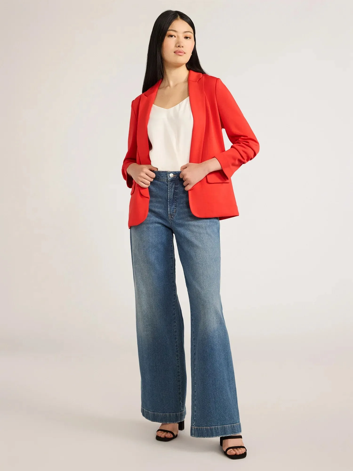 Scoop Women's and Women's Plus Relaxed Scuba Knit Stretch Blazer with Scrunch Sleeves, Sizes XS-4X