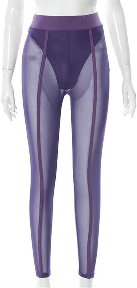 Sexy See-through Black High Waist Long Trousers Casual Sweatpants Women Elastic Pencil Pants Mesh Leggings