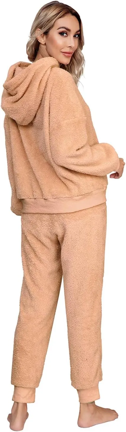 SIAEAMRG Womens Fuzzy Sherpa Fleece Pajamas Set, Long Sleeve Hoodies Pajama Pants 2 Piece Outfits Loungewear Sleepwear