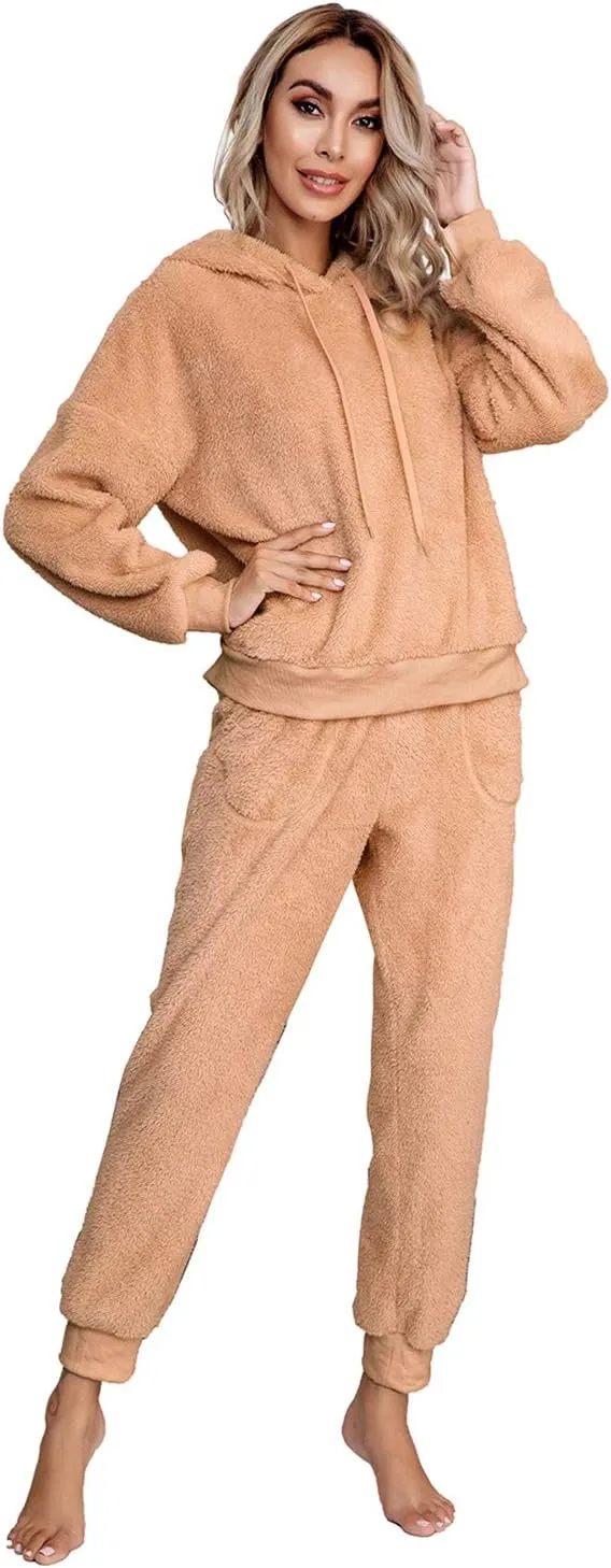 SIAEAMRG Womens Fuzzy Sherpa Fleece Pajamas Set, Long Sleeve Hoodies Pajama Pants 2 Piece Outfits Loungewear Sleepwear