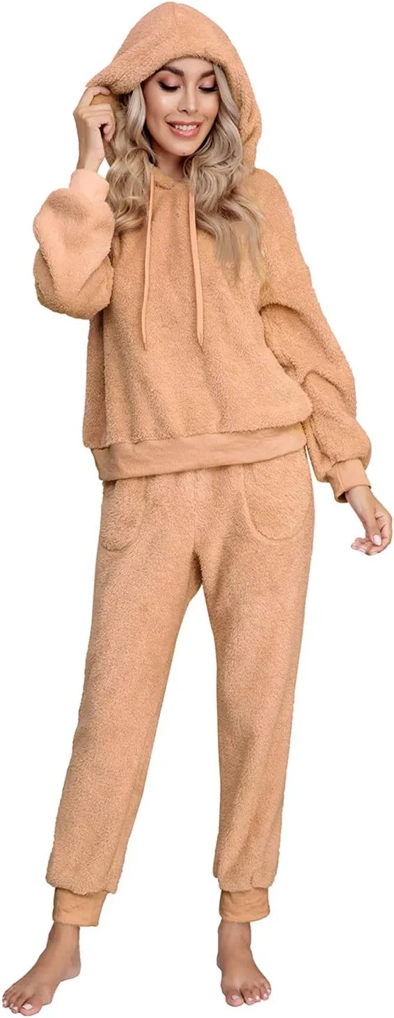 SIAEAMRG Womens Fuzzy Sherpa Fleece Pajamas Set, Long Sleeve Hoodies Pajama Pants 2 Piece Outfits Loungewear Sleepwear