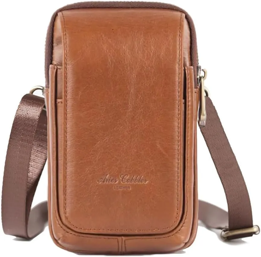 Simple Vintage Leather Waist Bag Fanny Pack Hip Bumbag with Adjustable Shoulder Strap Yellow Brown