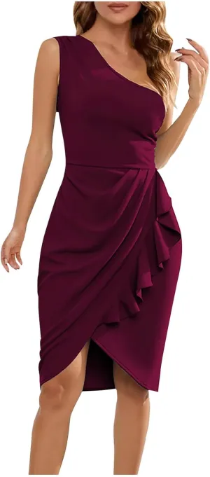 Sinzelimin Cocktail Dresses for Women Sexy One-Shoulder Sleeveless Fashion Ruched Ruffles Slim Fit Formal Party Mini Dress