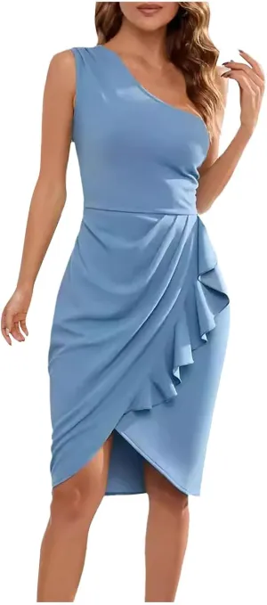 Sinzelimin Cocktail Dresses for Women Sexy One-Shoulder Sleeveless Fashion Ruched Ruffles Slim Fit Formal Party Mini Dress