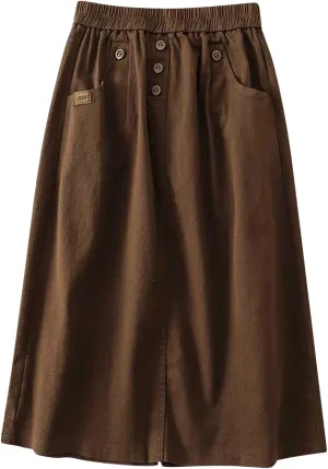 Skirts for Women 2024 Fall Casual Loose High Waisted Mid Length Skirt Baggy Pleated Button Midi Skirt with Pockets
