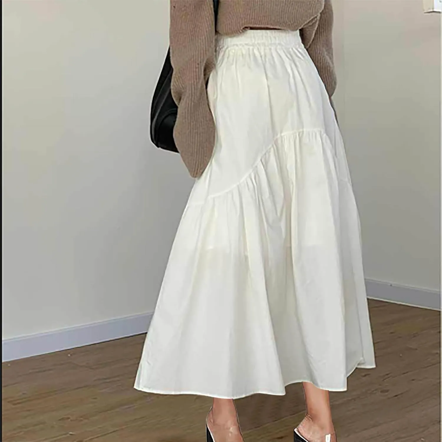 Skirts for Women Fall Elastic High Waist Swing Skirts Casual Pleated a Line Midi Skirt Trendy Baggy Half Skirt