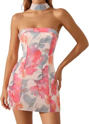 Strapless Tube Mini Dress Sexy Floral Y2K Slim Fit Backless Short Bandeau Dress Going Out Night Party Dresses